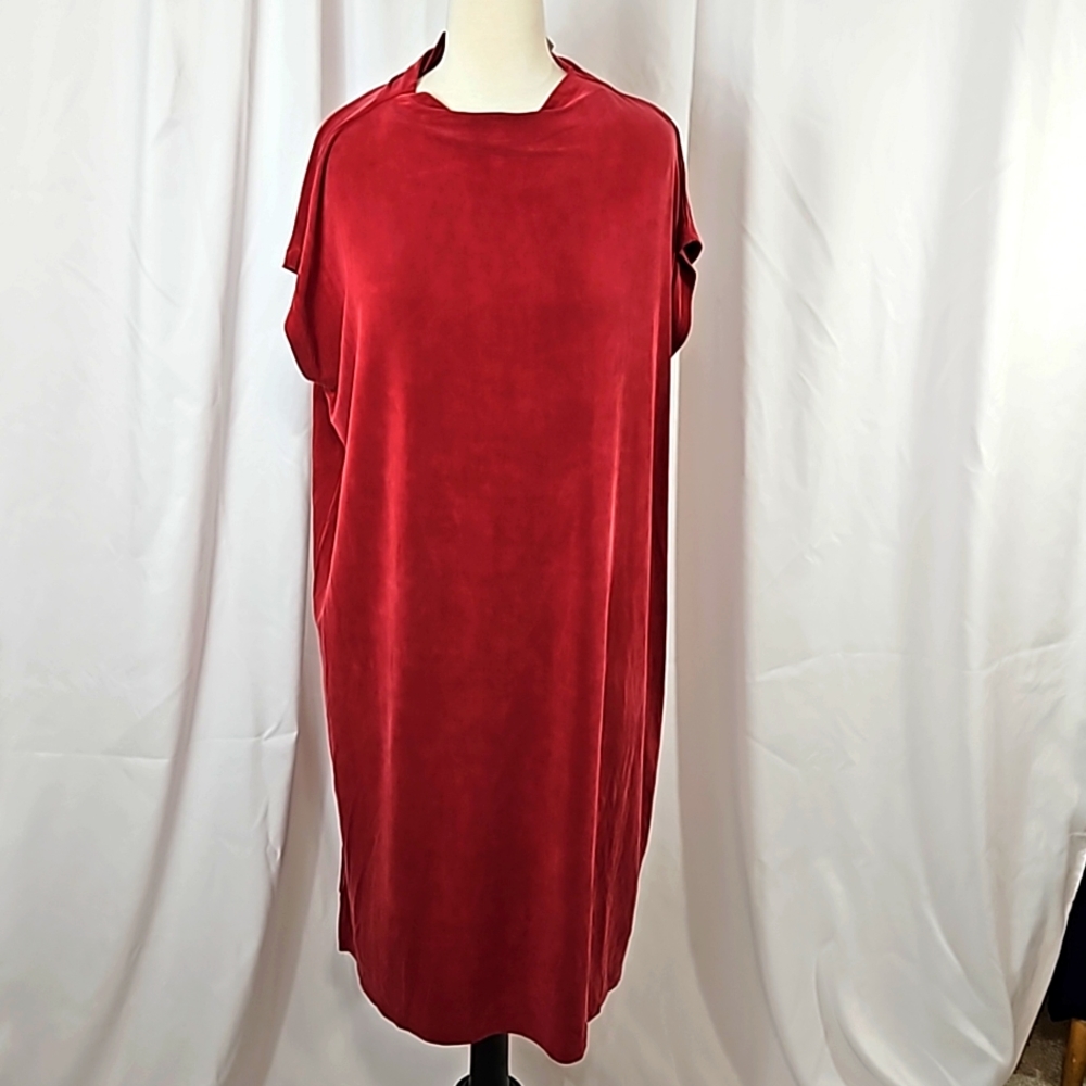 Eileen Fisher Red Sueded Cupro short sleeve funnel neck dress w side slits nwot…